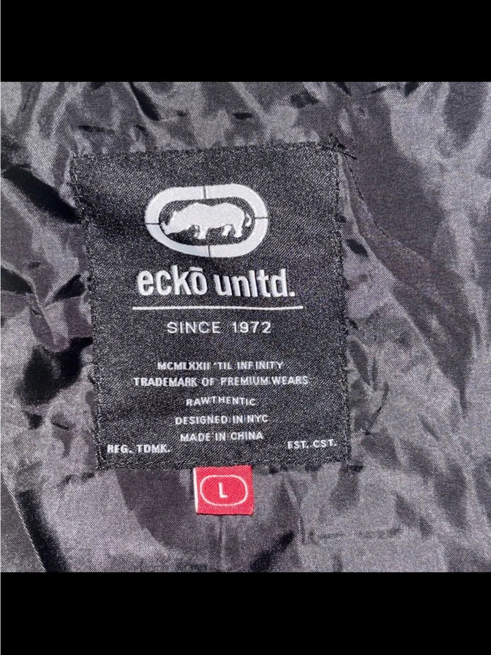 Ecko Unltd Rhino Hooded Zip Jacket Black Gray Stripe Cuffs Mens Y2K Streetwear - Picture 2 of 7